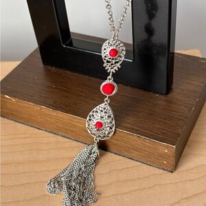 Silver Tone and Red Victorian-Inspired Necklace with Ornate Design and Tassel